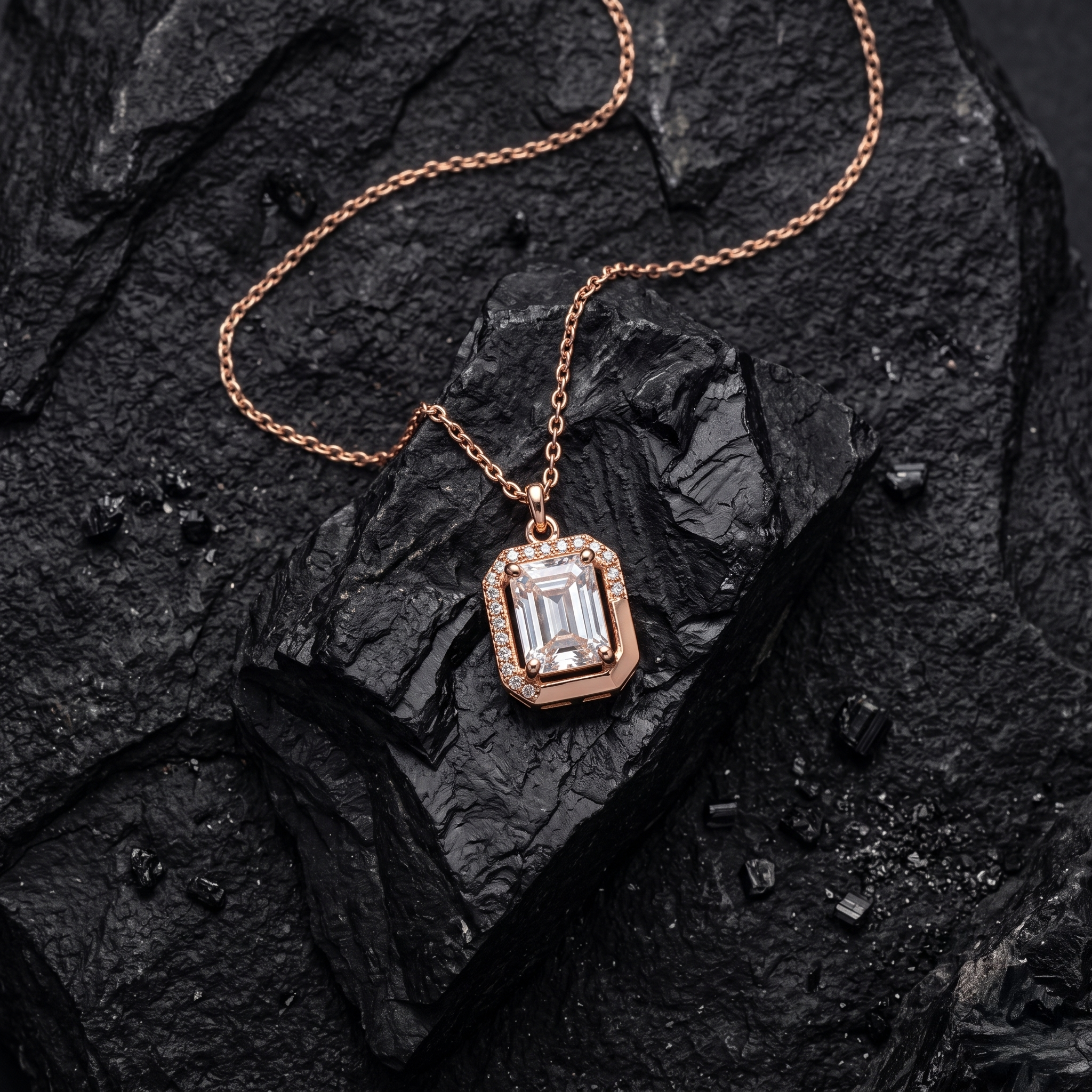 Anti-Tarnish Emerald Cut Clear Stone Pendant Necklace detailed view - Avalna